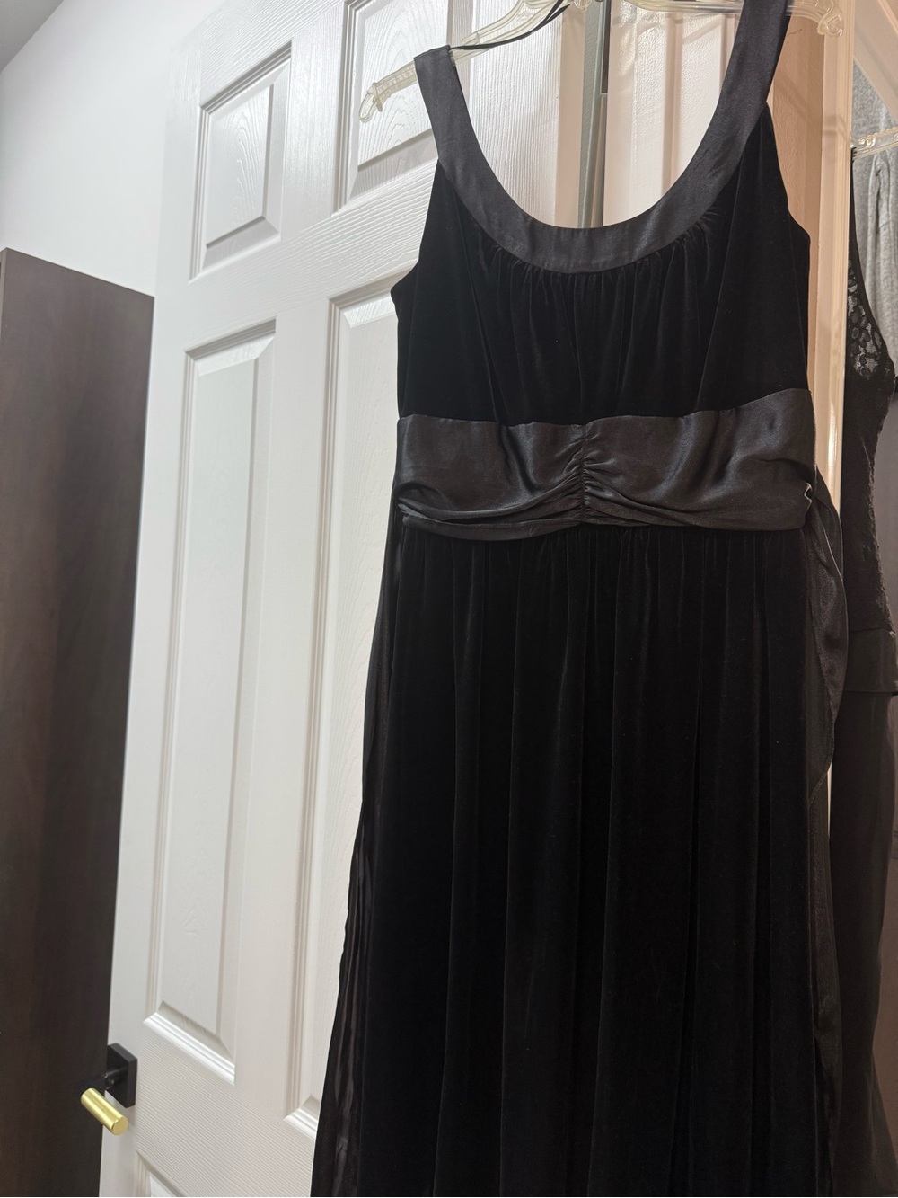 Sandra Darren Black Velvet Maxi Dress with Satin Waistband